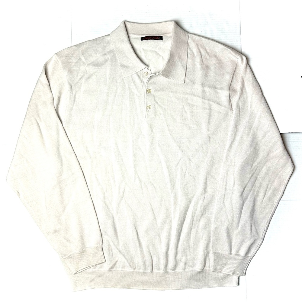 Linea Uomo Shirt Men’s 2XL XXL Tan Beige Wool Blend Long Sleeve Polo Button Golf